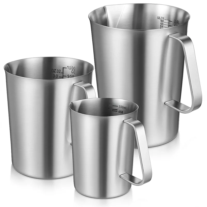 

ALIM-Oz And ML Marked Stainless Steel Measuring Cups 3 Pieces Metal Pitcher, 16 Ounces, 32 Ounces, 64 Ounces