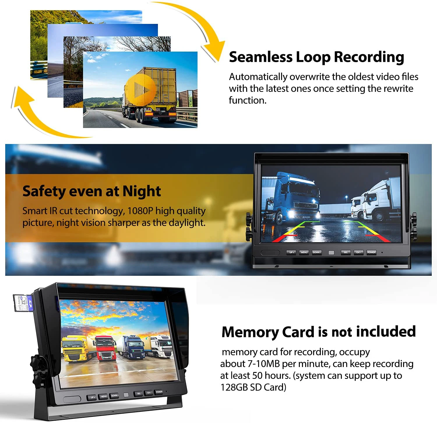 10.1 Inch IPS Screen AHD DVR Monitor 12-36V Channels 2pcs Backup Reverse Camera Kit Waterproof Night View for Truck Bus 1-Year