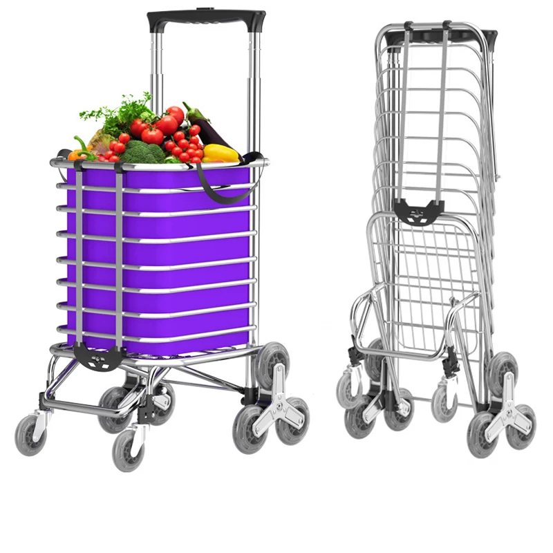 Grocery Cart Folding Portable Shopping Aluminum Alloy Lightweight Step Climbing Trolley with Telescopic Rod 35L Big Capacity