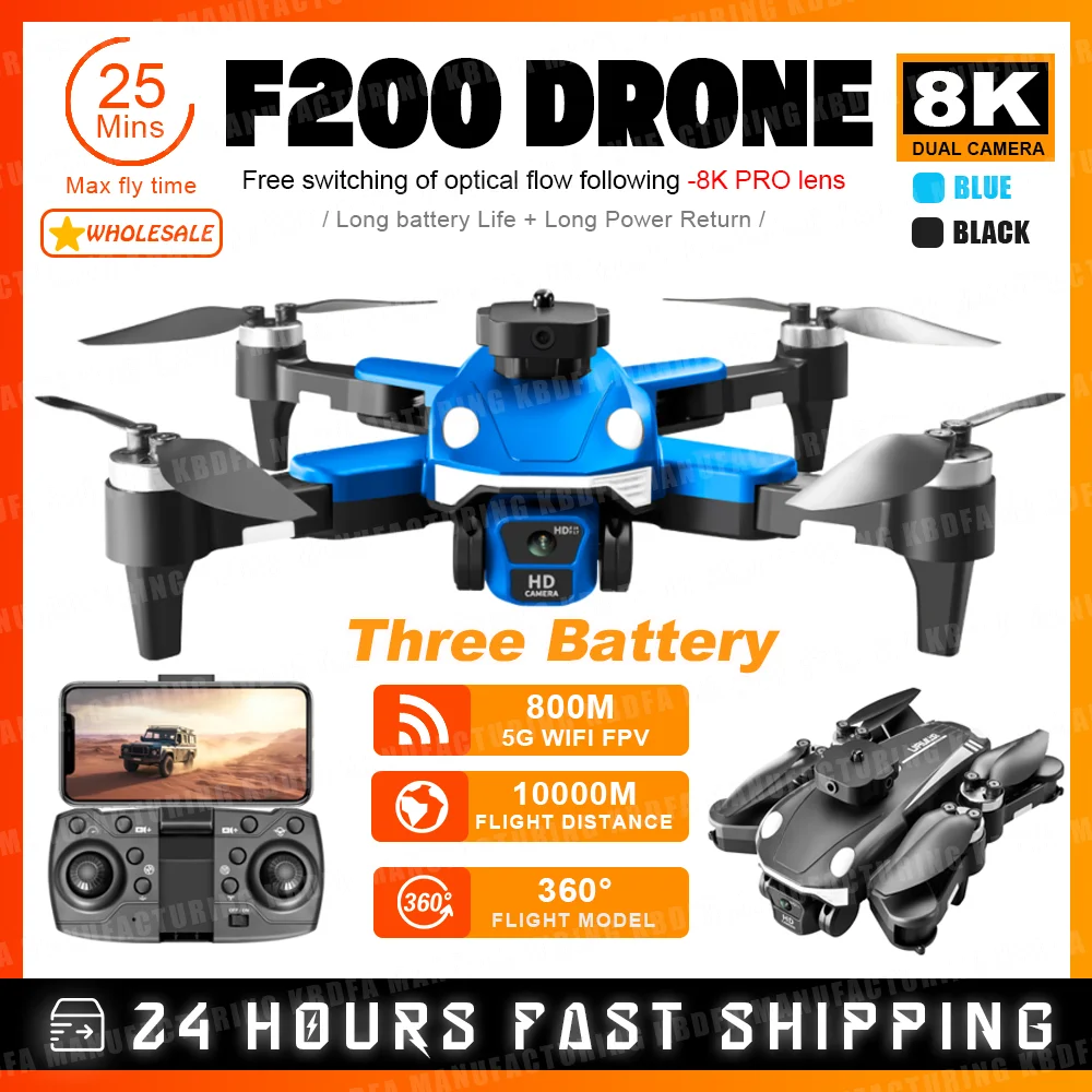 KBDFA F200 FPV Drone with Dual Camera Mini RC Quadcopter 4K Photo Dron 360° Obstacle Avoidance Brushless Motor New 2024