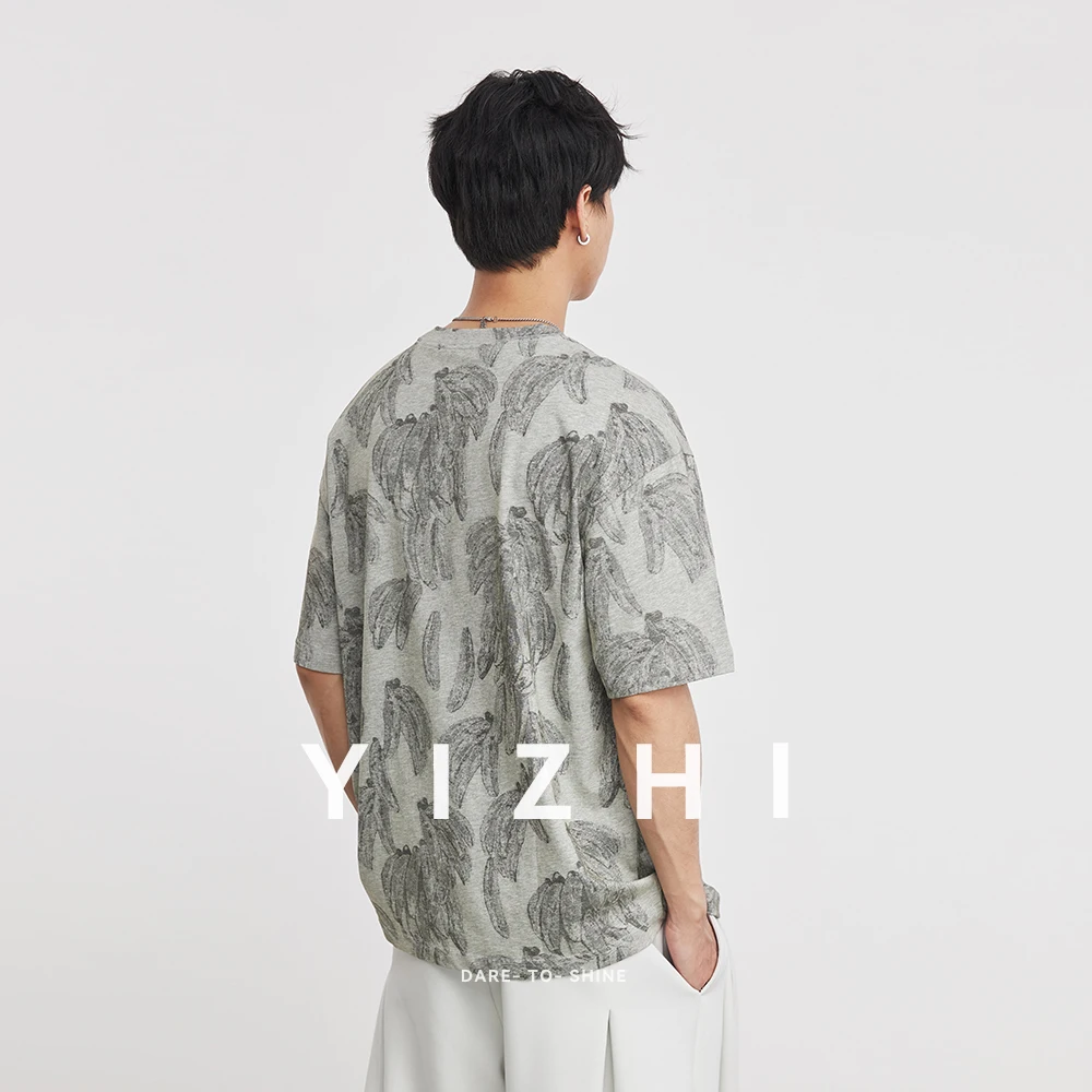 Men's Vintage Pure Cotton Banana Print Crew Neck Short Sleeve T-Shirt 2026 Summer New Design Versatile Casual Tee