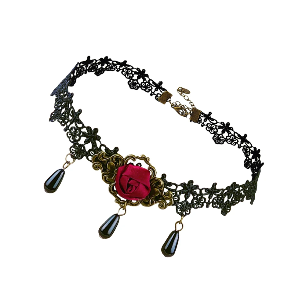 

Red Rose Necklace Crystal Halloween Chain Black Beads Pendant Women Victorian Style Clavicle Necklace