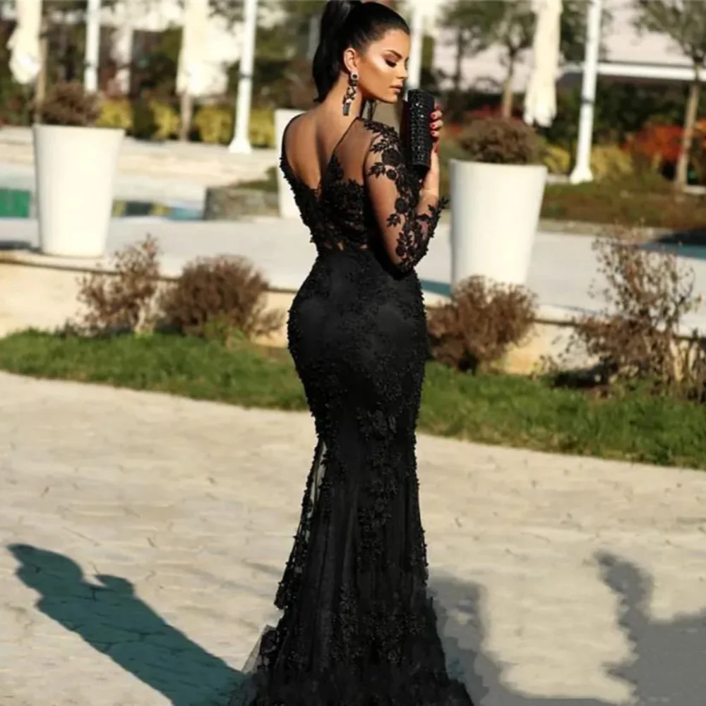 2024 Black Lace Mermaid Evening Gown Illusion Long Sleeve Sheer Neck Floor Length Flare Formal Occasion Dress Prom Party Dress