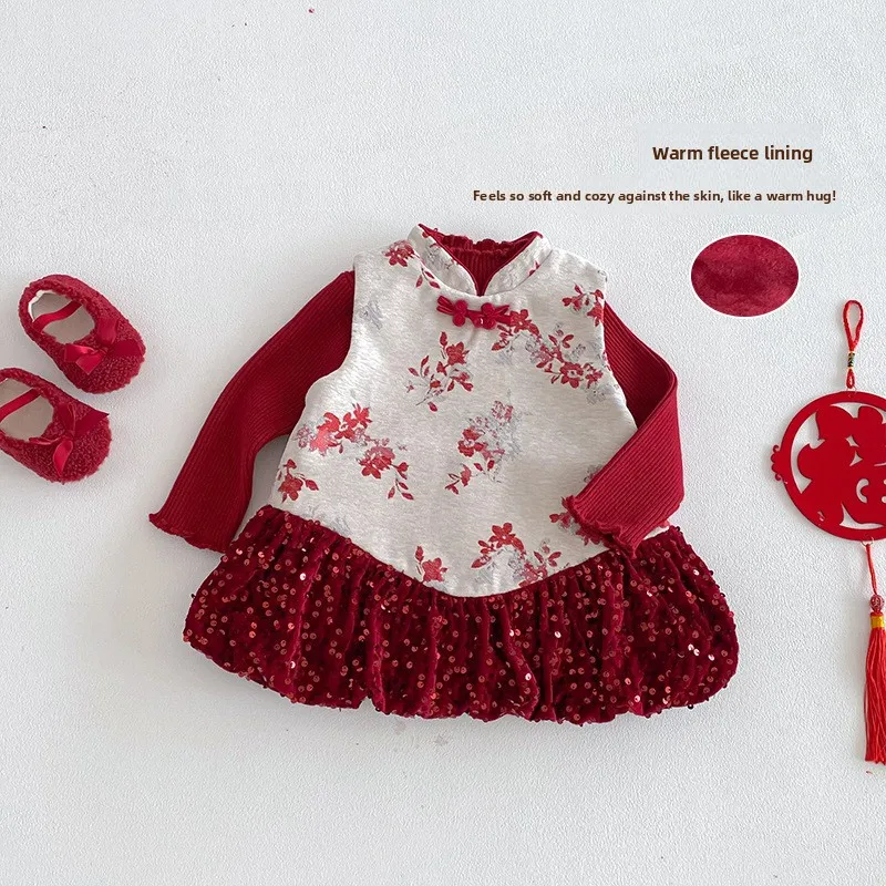 

Новогодняя одежда с цветочным принтом для девочек, новинка 2025 года, зимнее бархатное платье в китайском стиле для малышей, детское платье на один год