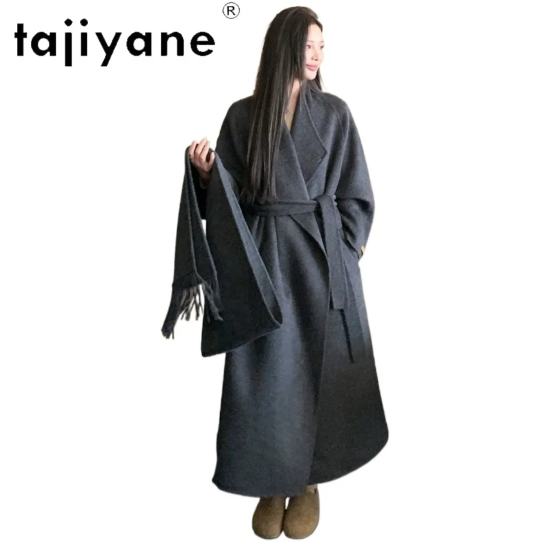 TAJIYANE 90% Sheep Wool 10% Cashmerel Coat Women Winter Coat Long Coats for Women 128cm Jackets Detachable Scarf Пальто Женское