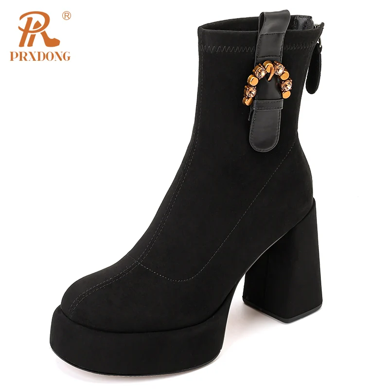 

PRXDONG INS New Brand Autumn Winter Warm Ankle Boots For Women Chunky High Heels Platform Black Shoes Dress Party Office Lady 39