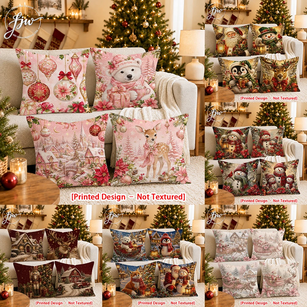 [Printed Design – Not Textured]-4pcs Pink Christmas Throw Pillow Covers Set New Year party decoration cushion Cover