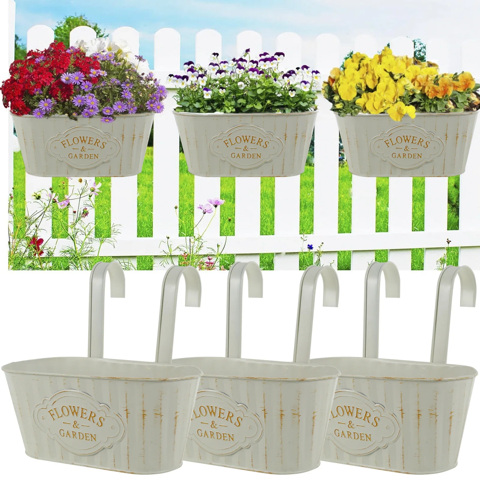 

3Pcs Metal Iron Hanging Flower Pot Balcony Planter with Detachable Hook Oval Railing Planter with Drainage Hole Durable Herb Pot
