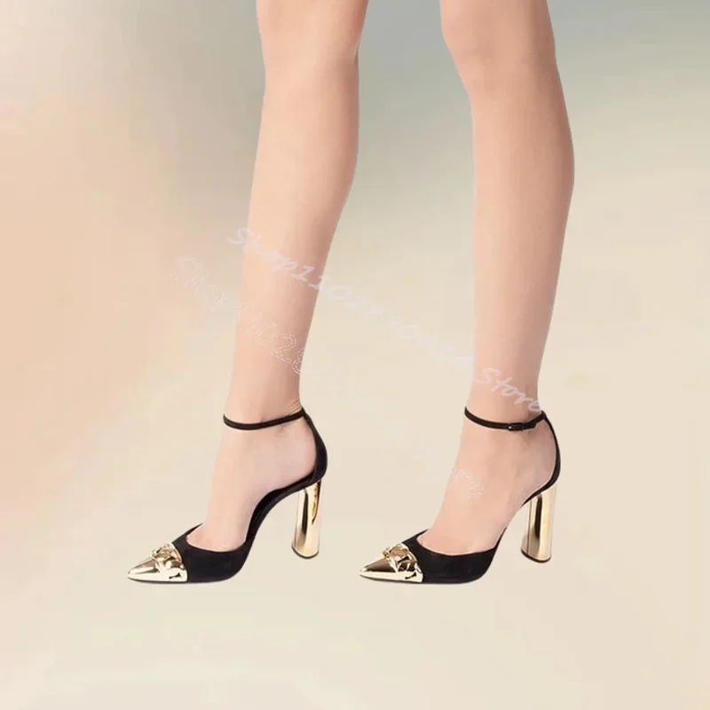 Złote szpilki z metalowym łańcuszkiem, odkryte palce, płytkie czółenka, pasek z klamrą wokół kostki, damskie buty na masywnym obcasie, seksowne buty imprezowe 2024, zapatos para mujer.