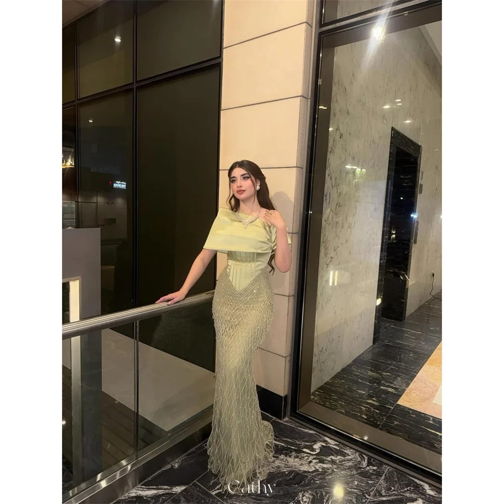 

Cathy Customize Light Green Net Mermaid Floor-length Prom Dress Off The Shoulder vestidos de noiva Elegant Evening Dresses 2025