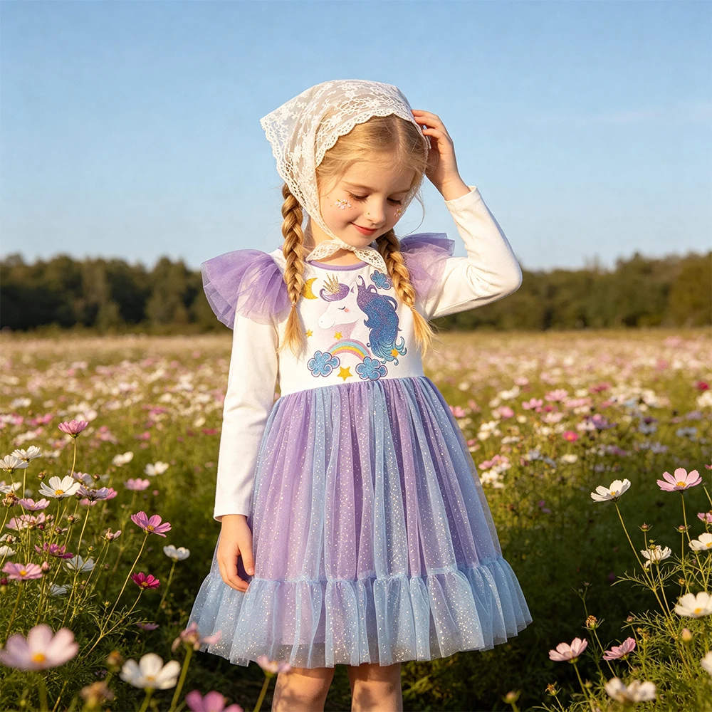 DXTON Kleinkind Kinder Baumwollkleider Einhorn Kinder Mädchen Rüschenkleid Baumwollnetz Mädchen Herbstkleidung Kleinkind Partykostüme – Detail 2