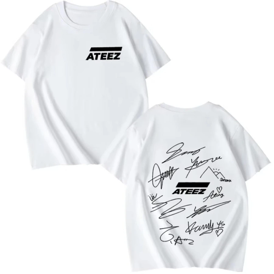 ATEEZ World Tour with Band Member Signatures & Geometric Back Print T Shirt Men Women Summer Unisex Tops