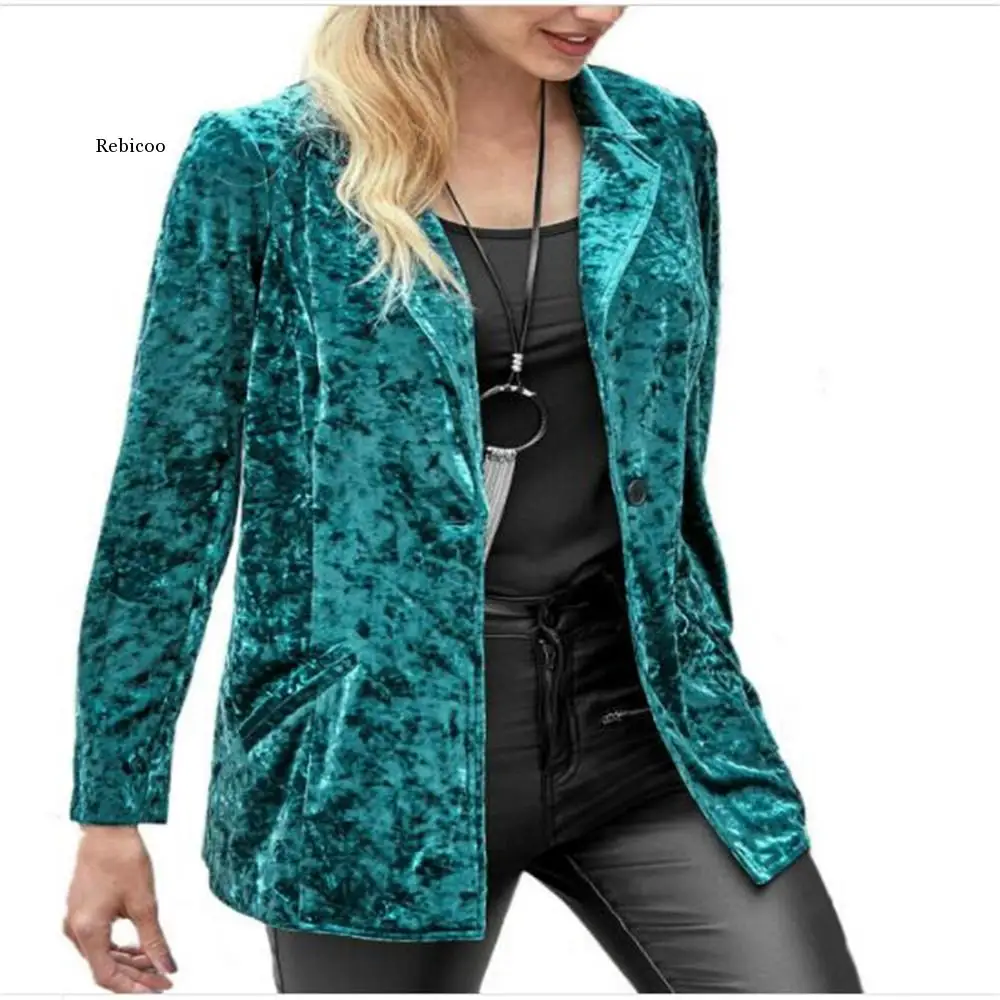 

Spring Autumn Fashion Women Notched Collar One Button Long Sleeve Velvet Small Suits Elegant Casual Slim Blazers