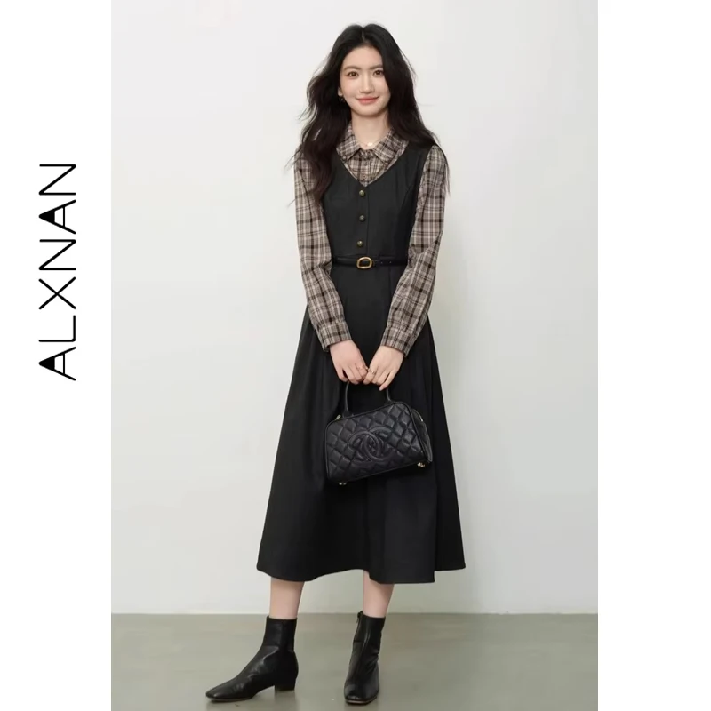 ALXNAN Langarm-Kleid, Herbst-Hemd, Patchwork, Umlegekragen, kariertes Kleid, 2025, formelles Pendeln, langes Damenkleid L57722