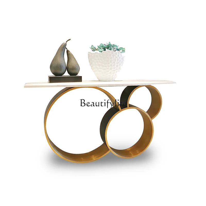 

Light luxury stainless steel foyer marble porch table curved jazz white marble surface