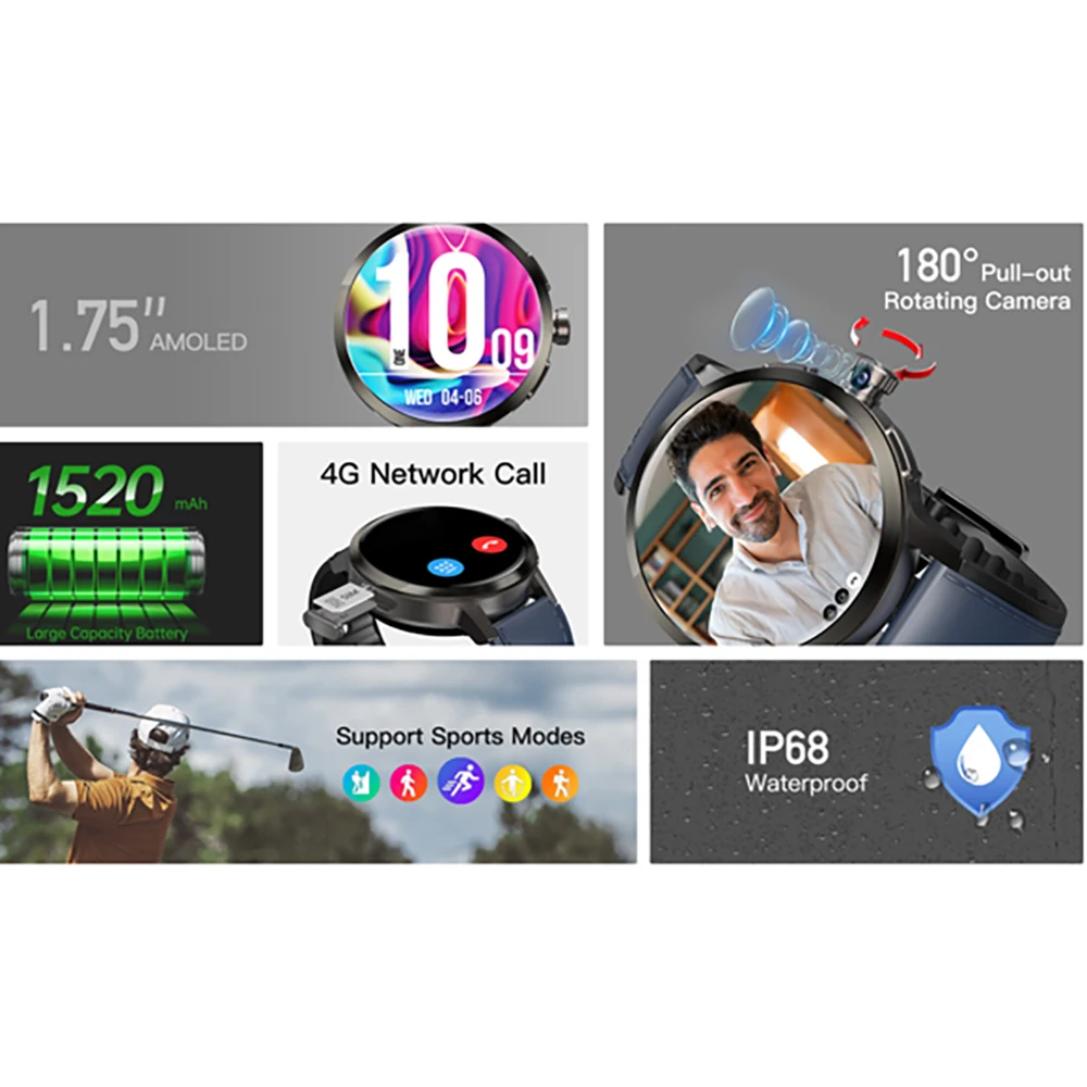 4G ساعة ذكية كاملة الشبكة AMOLED شاشة مكالمة فيديو 180 °   ساعة ذكية كاميرا دوارة قابلة للسحب رياضية مقاومة للماء ونظام تحديد المواقع واي فاي للصحة