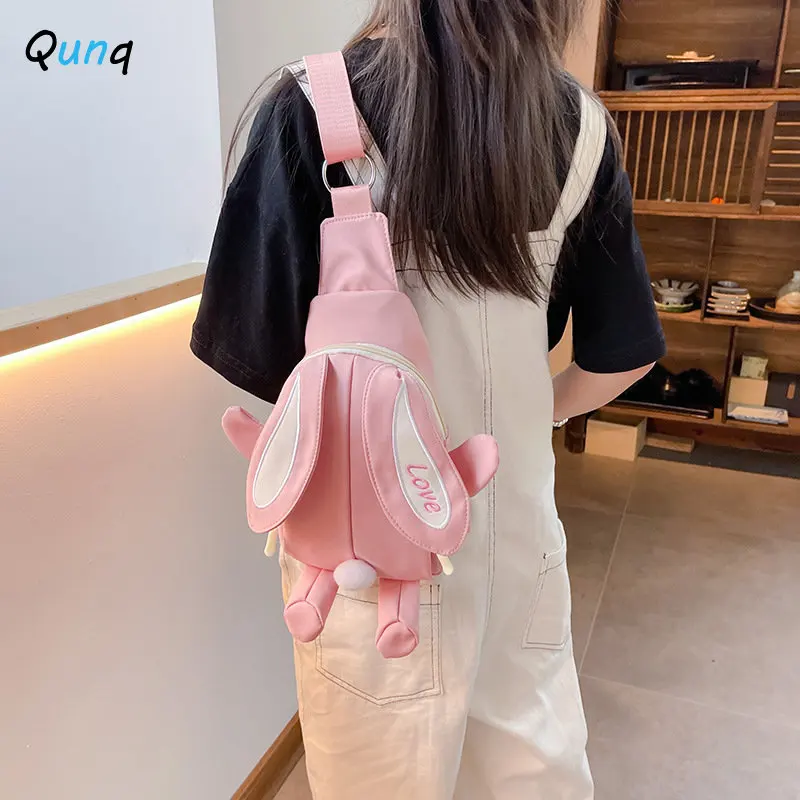 2023 Qunq Summer INS New Girls Cute Bunny Ears Splice Crossbody Bag Fashion Wear-resistant Children's Casual Bags Holiday Gift