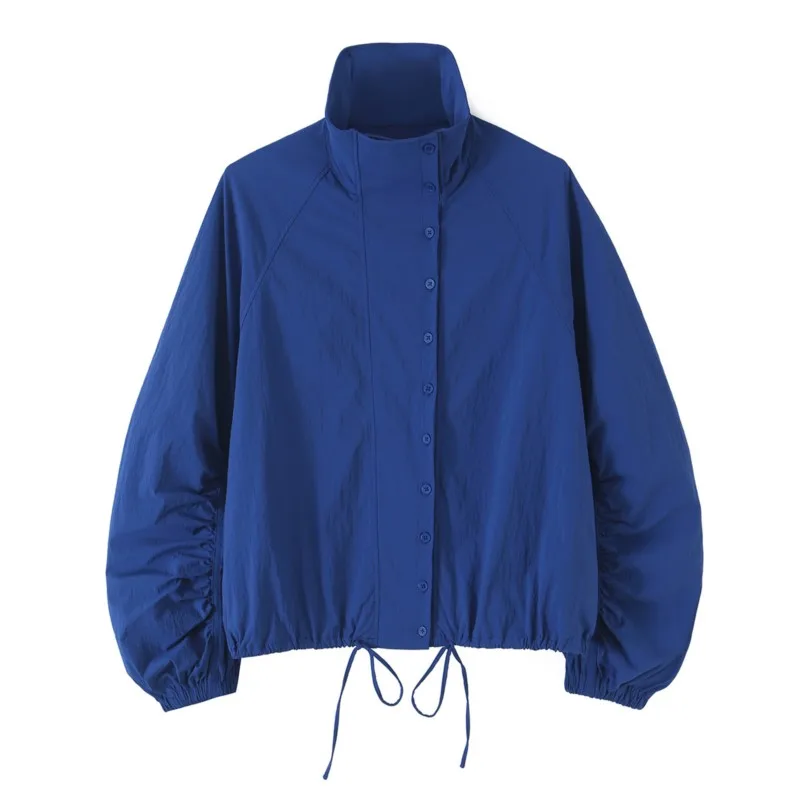 Women's Jacket Autumn New High Neck Long Sleeve Buttons Elastic Drawstring Coats Casual Female Streetwear Fashion Tops