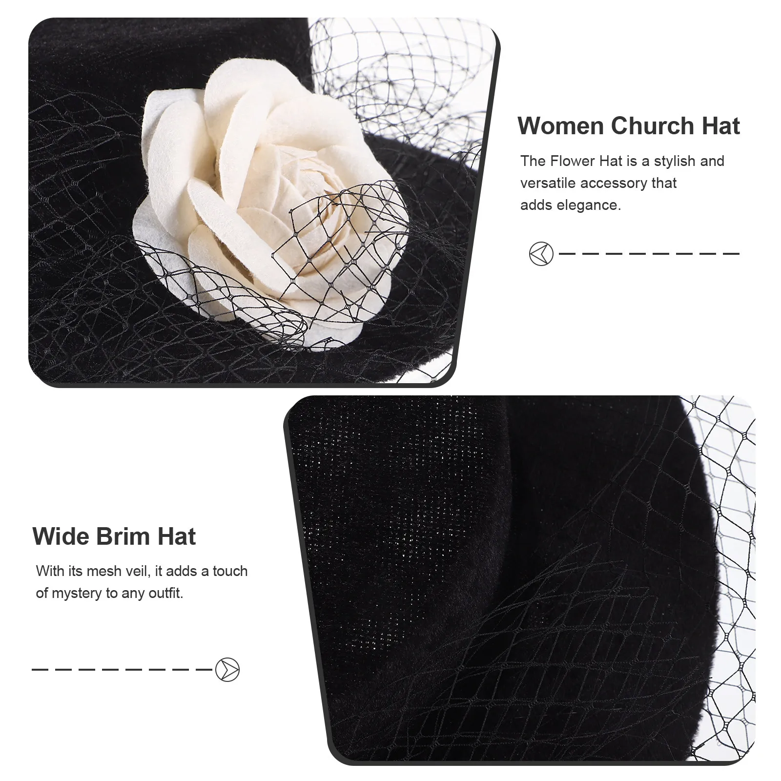 

Flower Decorated Wide Brim Mesh Veil Hat for Women Elegant Fashion Fascinator Sun Protection Hat for Wedding Party Travel Tea