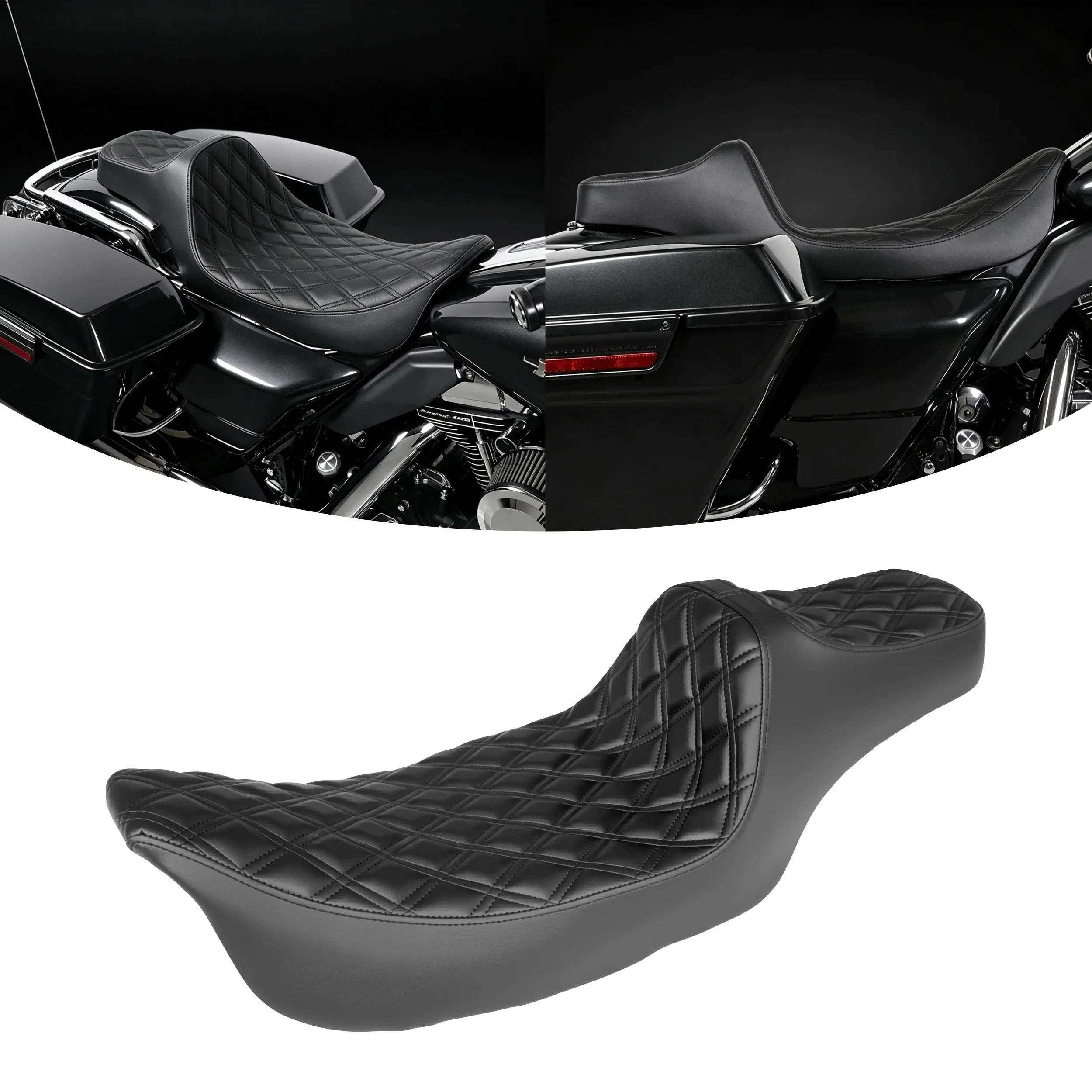 Motorcycle Two-Up Step Up Seat Rider Passenger Diamond Stitch Cushion for Harley 1997-2007 Touring Street Glide Road Glide