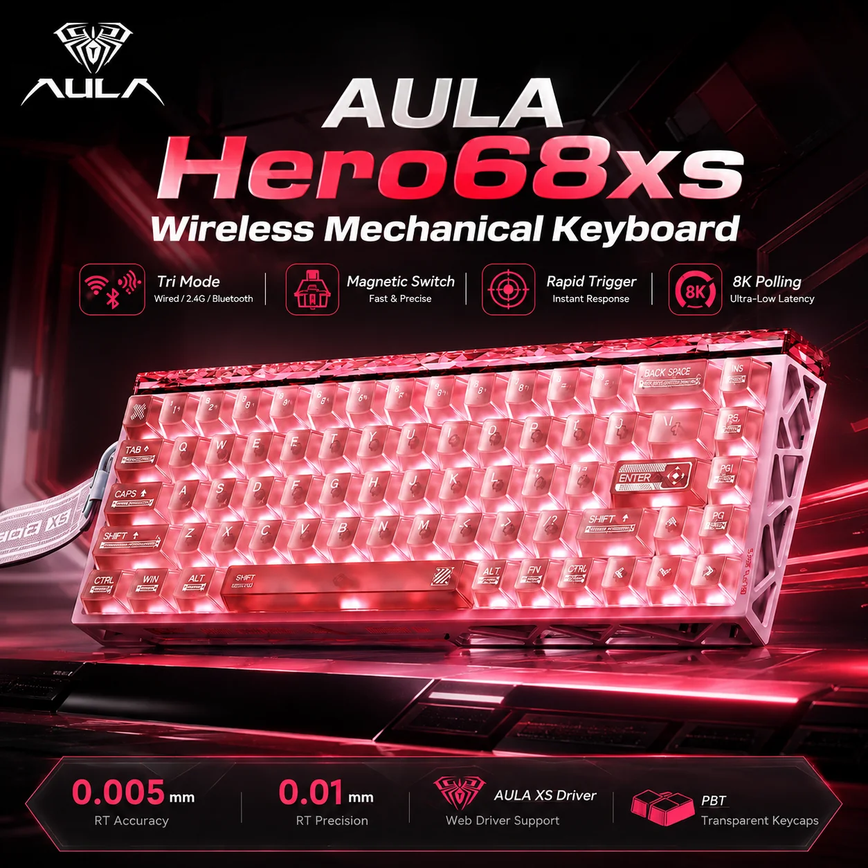 AULA Hero68xs Magnetic Switch Keyboard Tri Mode Wireless 8K Polling 48K Scan Transparent RGB Rapid Trigger Esports Gaming for PC