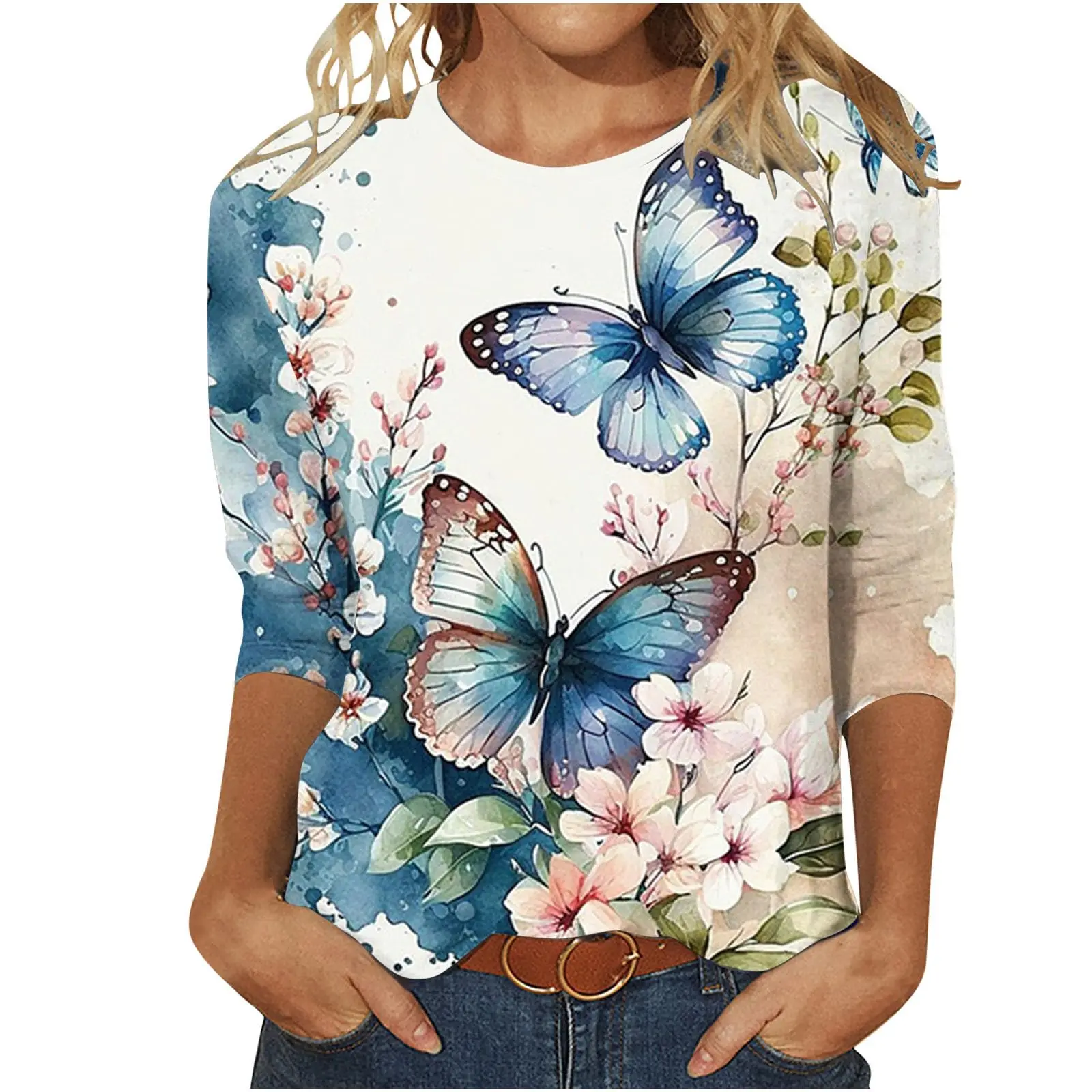 Women's Butterfly Fashion Print Long Sleeve T-shirt Sports Casual Cute Polyester Ultra-thin Round Neck Long Sleeve