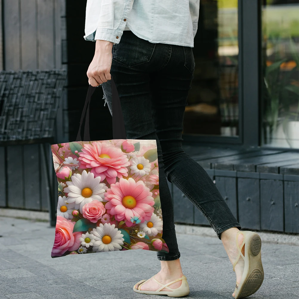 กระเป๋าผ้าลินินความจุขนาดใหญ่ดอกไม้ 4 ชิ้น