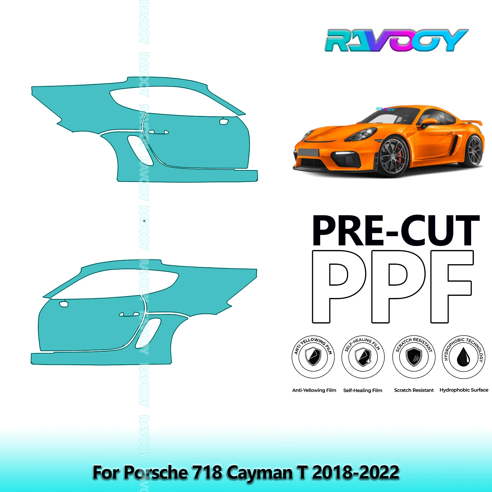 

Для Porsche 718 Cayman T 2018-2022 8,5 мил прозрачный матовый комплект предварительно вырезанных дверей PPF и стойки A/B, комплект защитной пленки для краски из ТПУ