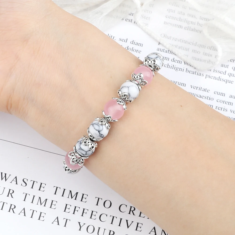 8mm Natural Stone White Bracelet for Women Pink Quartz Onyx Agates Lava Beads Stretch Bangles Strand Bracelets Men Jewelry Gifts