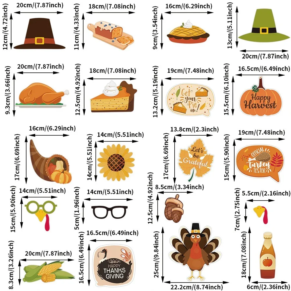 21pcs Cartoon Thanksgiving Photobooth Prop Glasses Mask Party Paper Frame Pumpkin Turkey Autumn Leaves Handheld Frame Prop