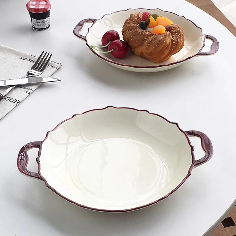 

Легкая роскошная тарелка с двойными ушками, ручная роспись, французская кружевная керамическая тарелка с фруктами и хлебом, посуда для ежедневного использования, 9,5 дюйма