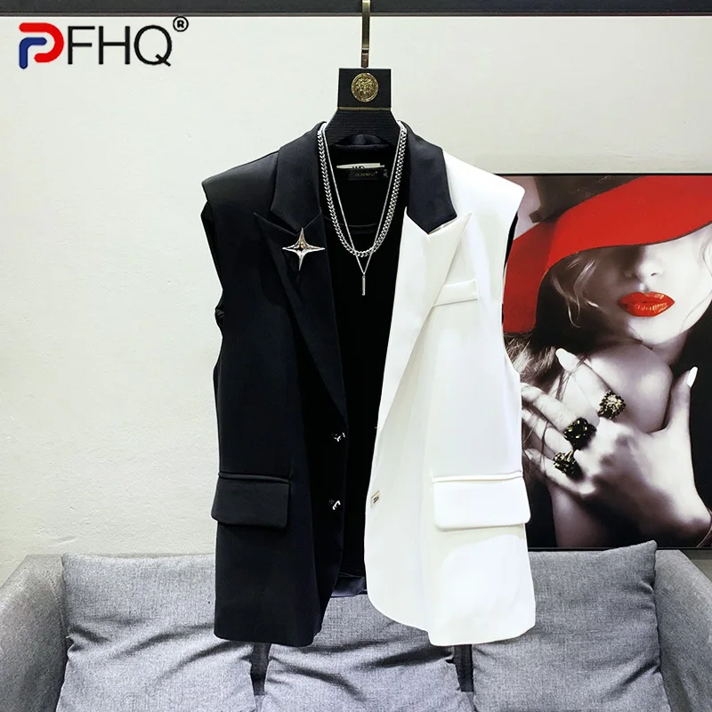 PFHQ Fashion Notched Vest For Men New Contrast Color Patchwork Men\'s Sleeveless Loose Straight Jackets Summer 2023 Tide 21F4004