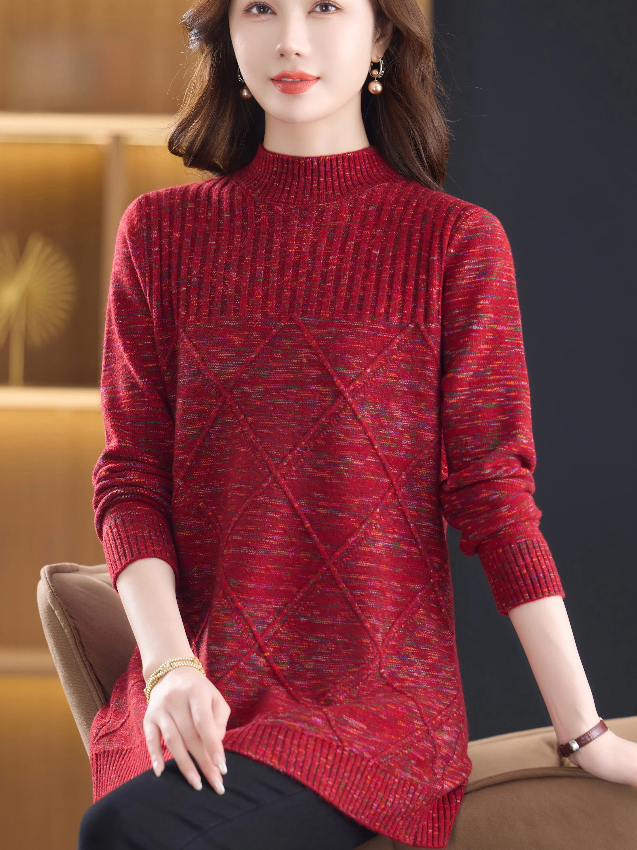 

Модный вязаный свитер средней длины с высоким воротником для женщин, теплый осенне-зимний топ, одежда для мам