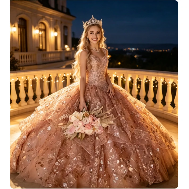Customized Temperament Sparkling Luxury Rose Gold Quinceanera Dresses Sequins Beading Sleeveless Square Neck Fashion Ball Gown