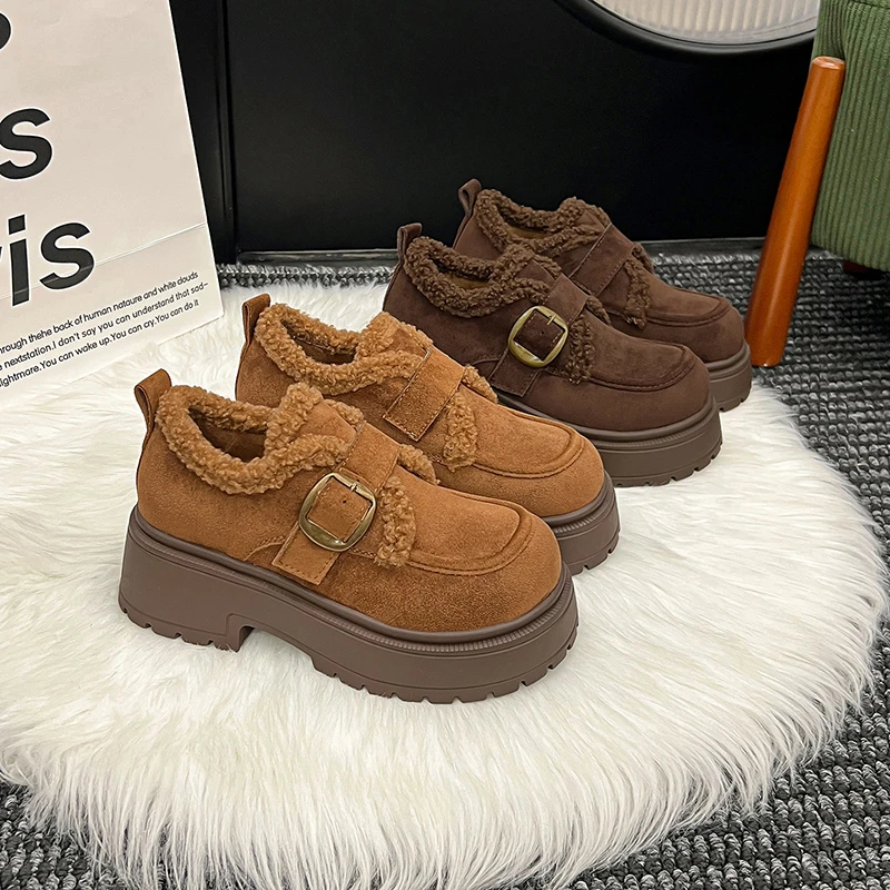 شتاء دافئ النساء أحذية قطنية كعب مكتنز الصوف الأحذية الحديثة موضة في الهواء الطلق السيدات Bootie عدم الانزلاق مشبك حذاء من الجلد غير رسمي #4