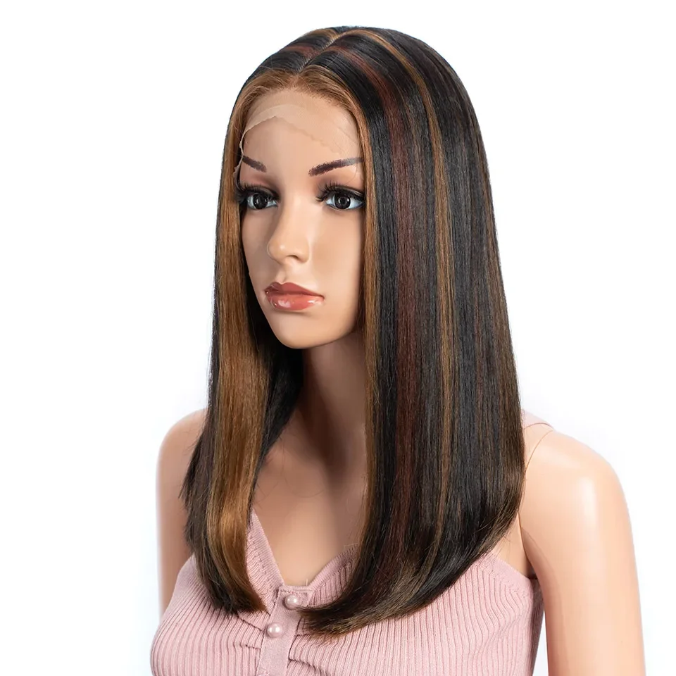 Peluca de cabello sintético liso para mujer, pelo de bebé con encaje frontal, Bob, marrón, 14 pulgadas, Cosplay