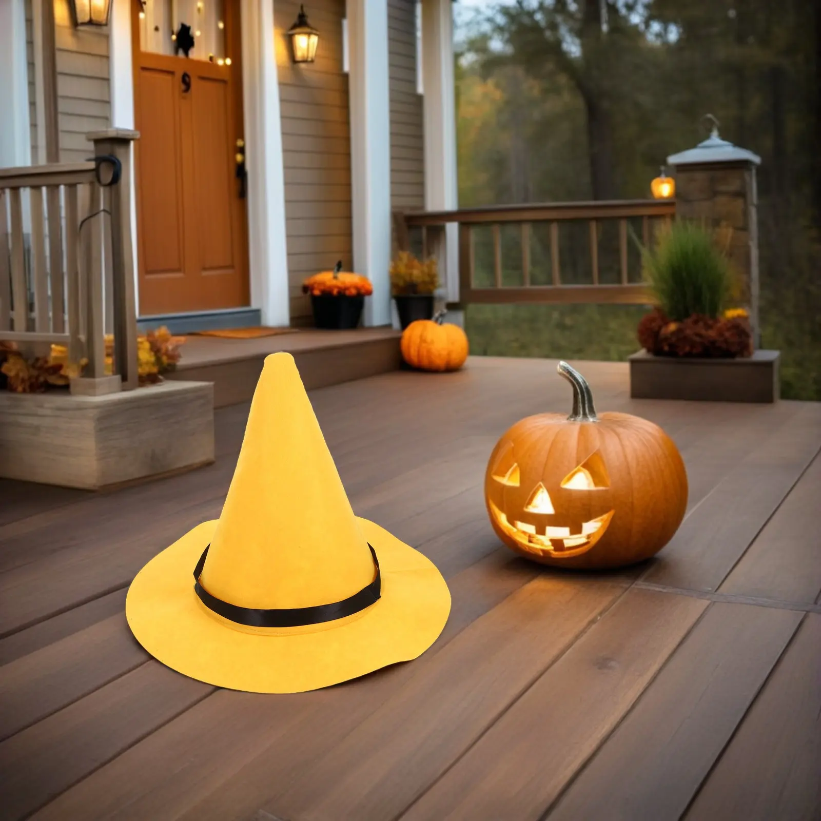

Yellow Felt Witch Hat Pointed Wizard Costume Cap Wide Brimmed Sorceress Scarecrow Party Hat Halloween Felt Hats