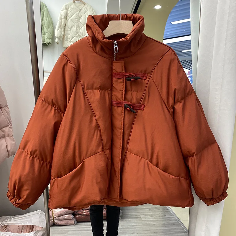 Women Autumn Winter Short Thicken Loose Padded Zipper Solid Color Jacket Stand Collar Horn Buckle All Match White Duck Down Coat