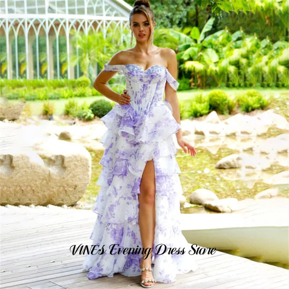 

VINES White Evening Dress Floral Print Prom Dress Off Shoulder Party Formal Gown with Side Slit robe de bal for Woman Customized