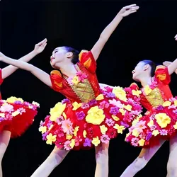 Girls' Ethnic Dance Costume: Red Puffy Tulle Skirt with Sequined Princess Petal Dress and Headband