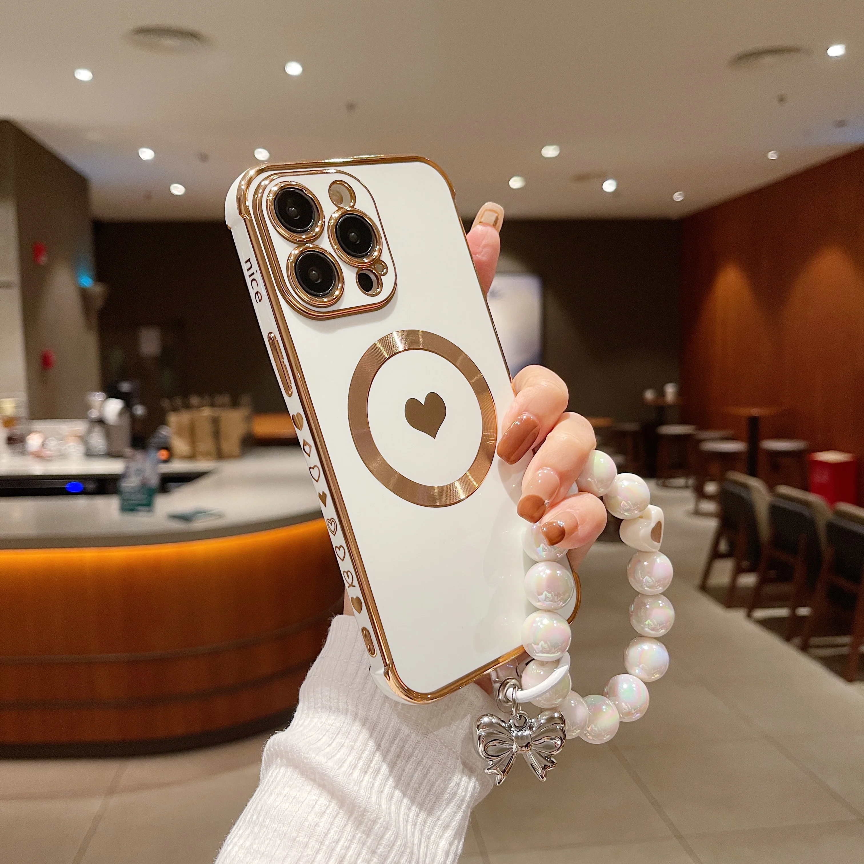 

Magnetic Side Electroplating Love Case For iPhone 16 15 14 Pro Max Plus 13 12 Pro Max 11 Cover Heart Cases With Beaded Lanyard