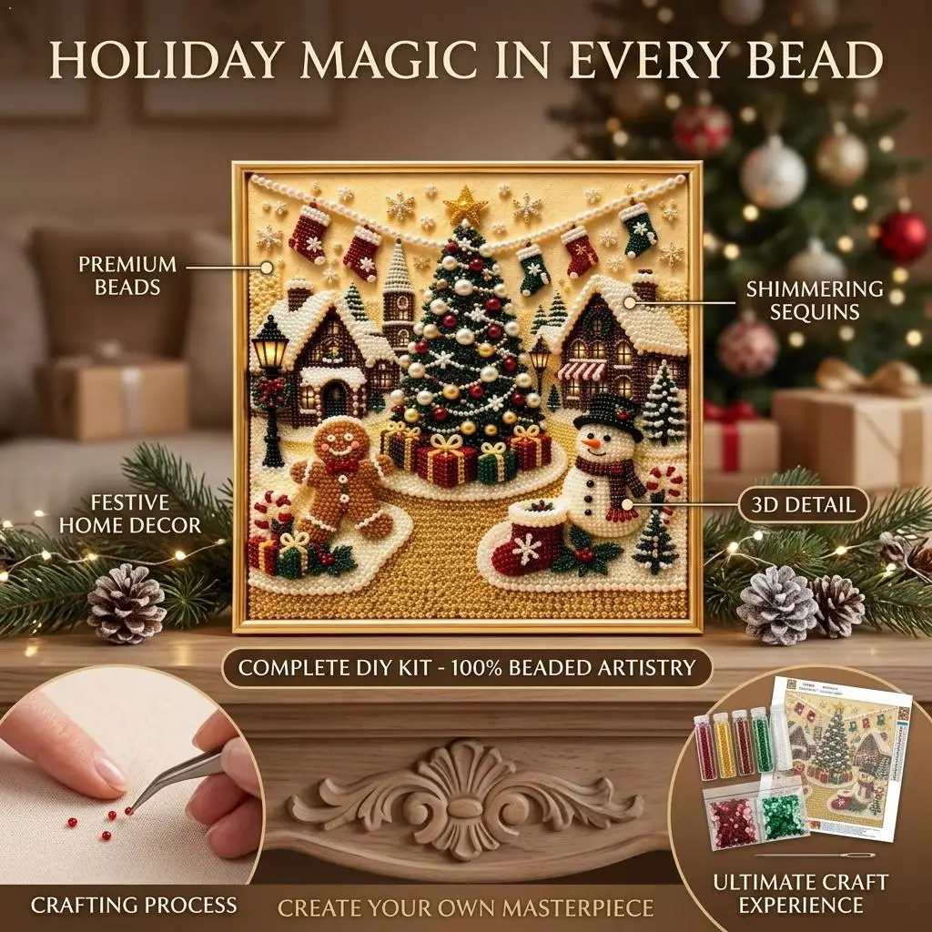 Premium 3D Christmas Wall Art Kit | Luxury Flocked Canvas With Scratch-Resistant Non-Fading Beads DIY Holiday Decor
