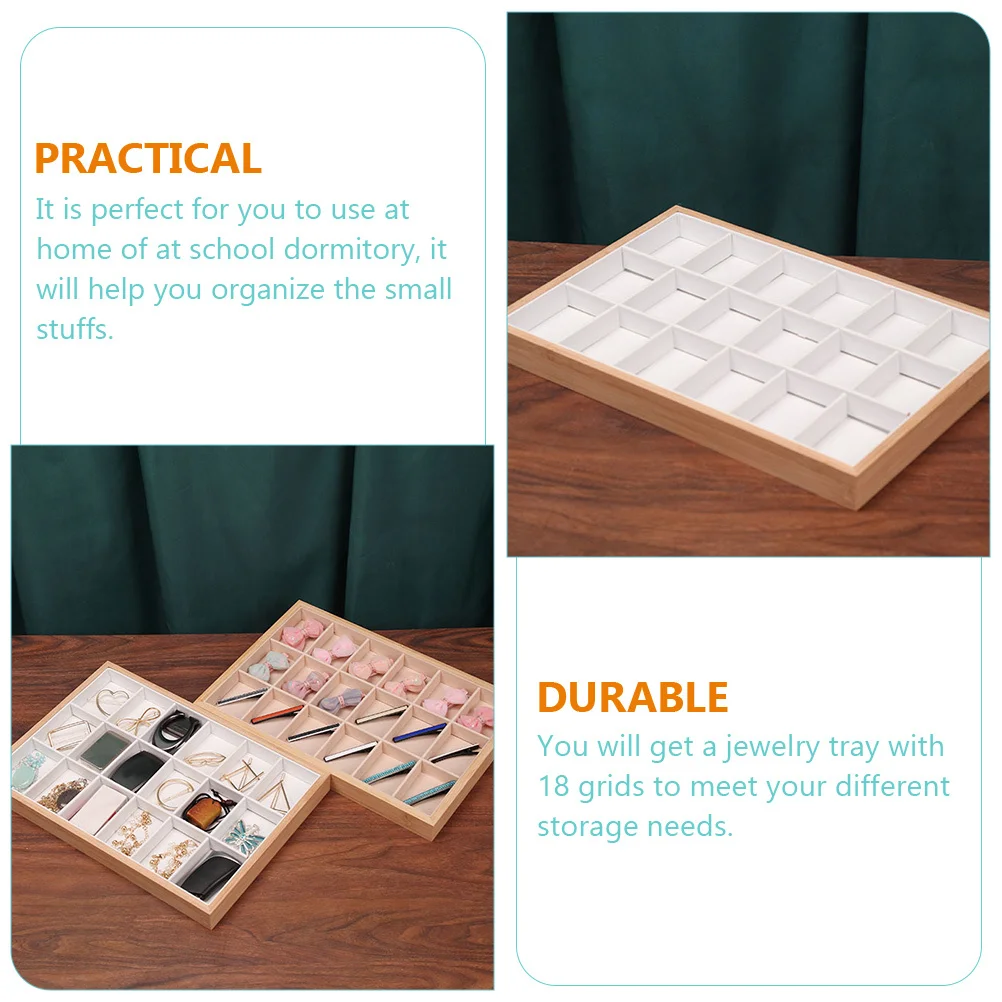 18 Grids Bamboo Wood Jewelry Tray Jewelry Drawer Organizer For Rings Earrings Necklaces Keys Lipsticks Cards Desktop Storage Box