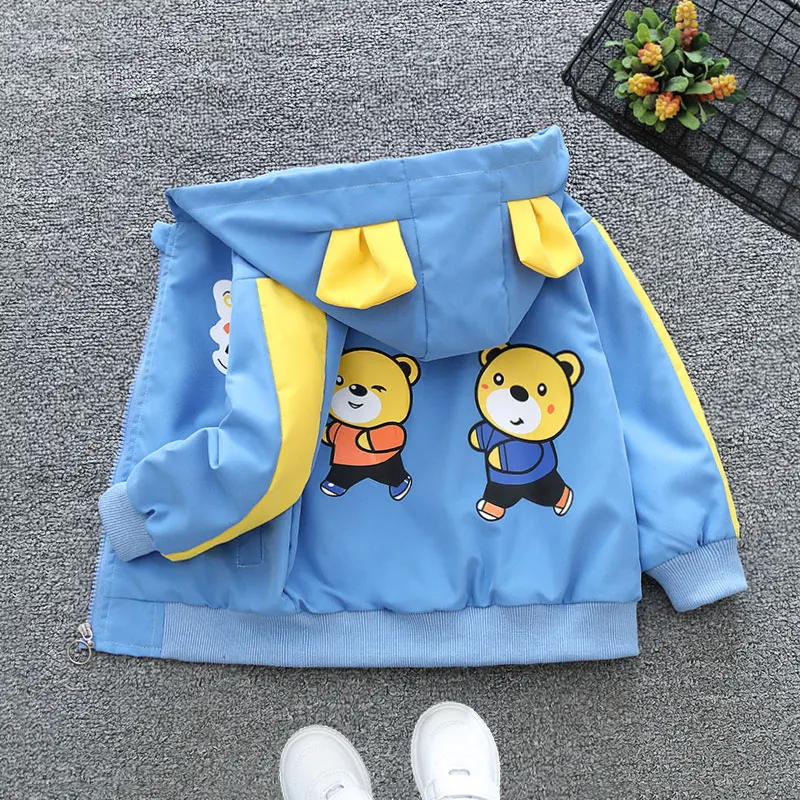2024 Spring and Autumn Boys\' Casual Checkered Bear Pocket Hooded Zipper Coat Children\'s Clothing 6M-6Y