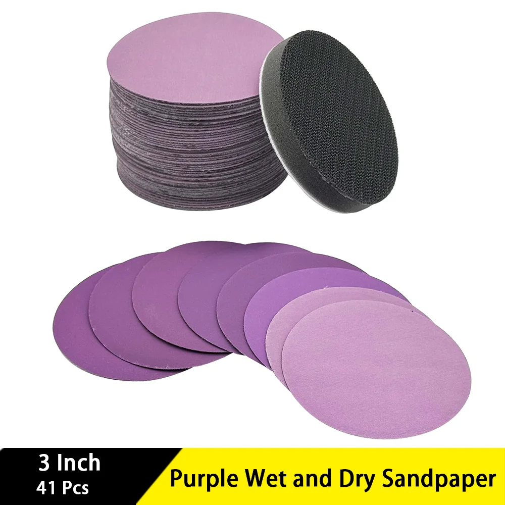 3 Inch Purple Wet and Dry Sandpaper 41 Pcs with Hook and Loop Interface Pad for Sanding Drywall Prepping Surfaces Painting Car