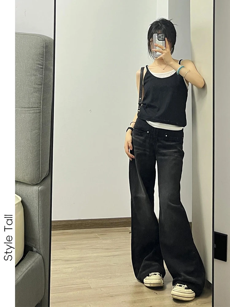 

Прямые джинсы с высокой талией, женские удлиненные джинсы, осенние новые свободные широкие брюки, длинные брюки глубокого цвета, джинсовая ткань