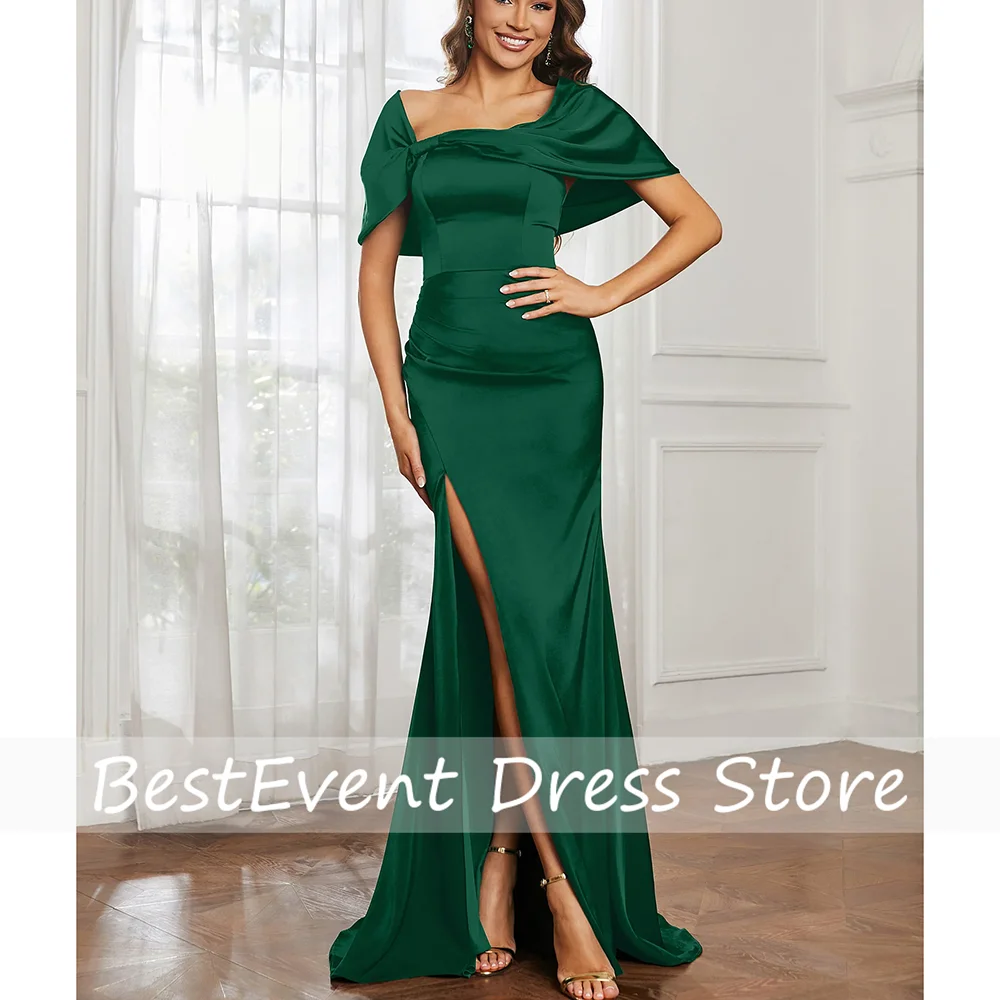 

Bespoke Occasion Green Off Shoulder Pleated Bridesmaid Dress Side Slit Backless Floor Length Sheath Sexy Evening Party Gown