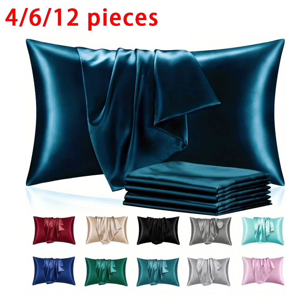 

4/6/12pcs Satin Pillowcase Soft Solid Color Pillow Cover Envelope Closure for Bedroom Decor (No Pillow Core) Bedroom Decor Acces