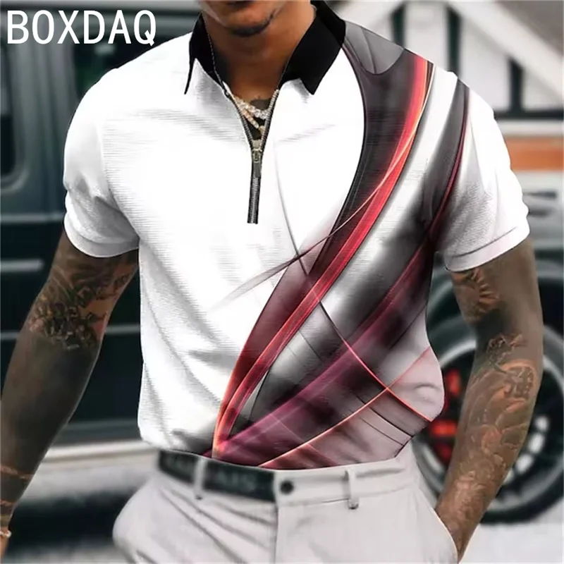Fashion Gradient Colorful Line Print Polo Shirt Men's Summer Big Size Short Sleeve Lapel Zipper Polos Men Casual Pullover Tops