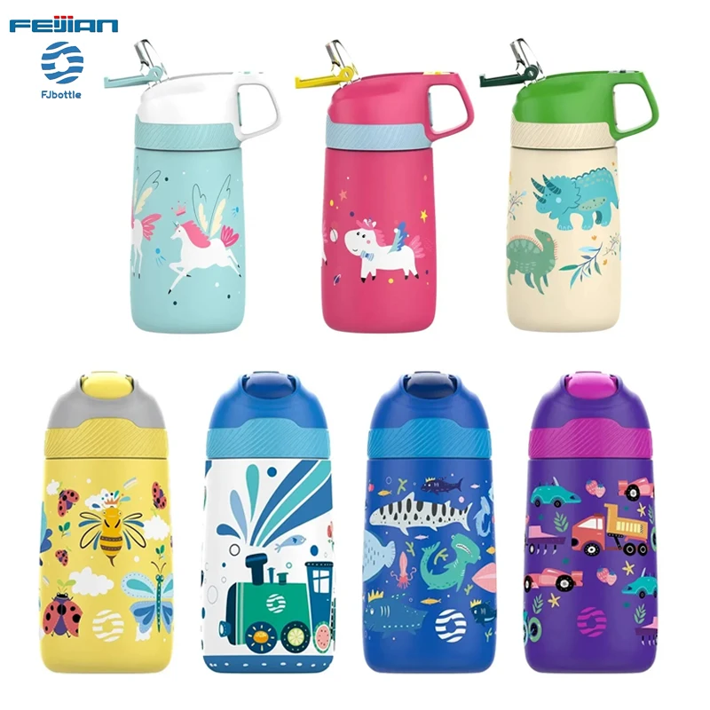 FJbottle bouteille d'eau motif de dessin animé tasse thermique pour enfants flacons sous vide en acier inoxydable avec paille bouteille d'eau extérieure